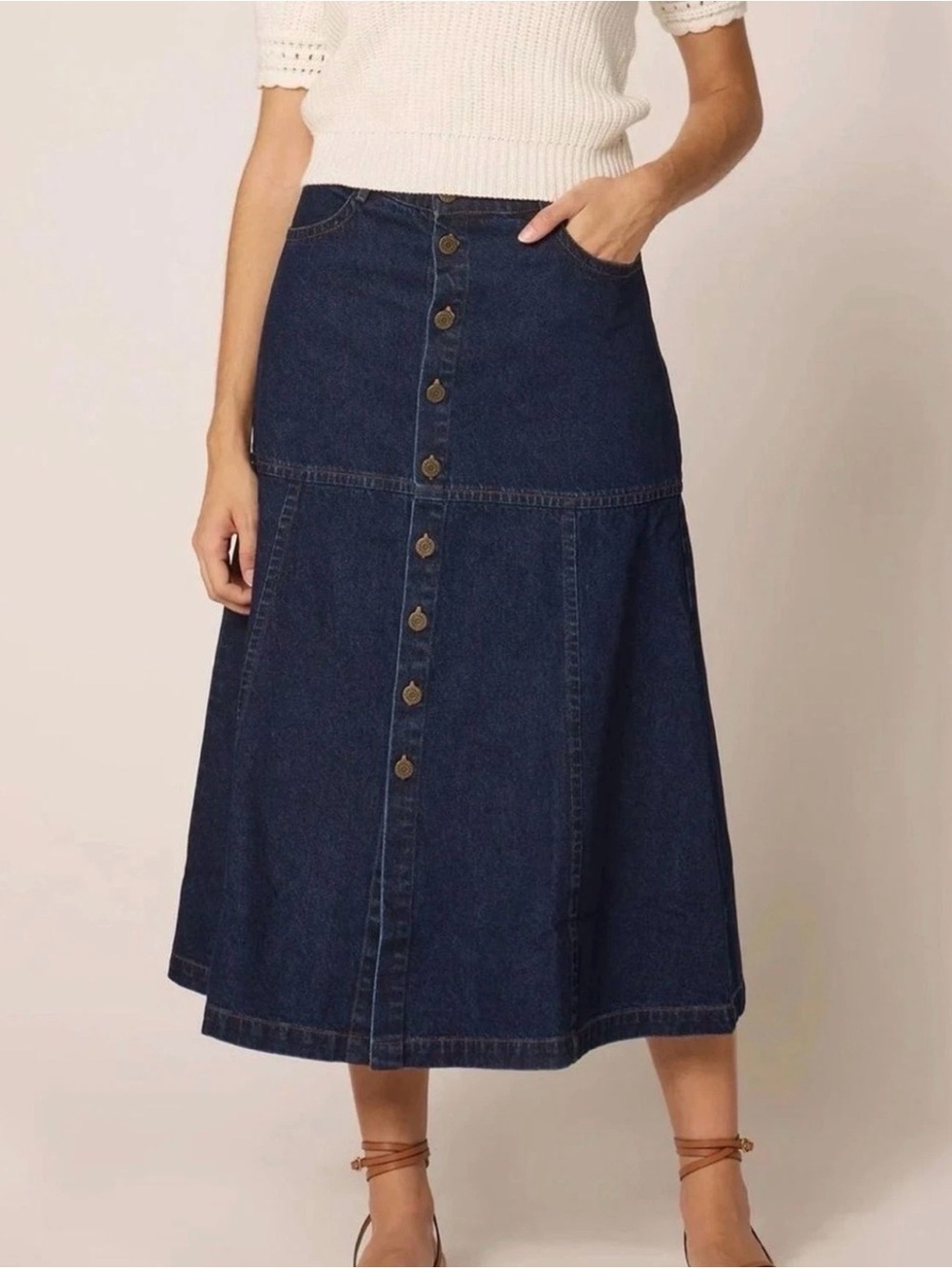 Cleobella Dark Blue Button-Front Denim Midi Skirt pockets cotton 31 XL NWT Aline